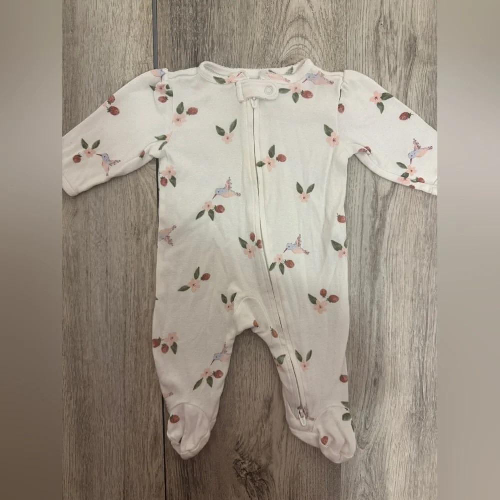 Carter's White Footie One Piece with hummingbird and strawberry  Print